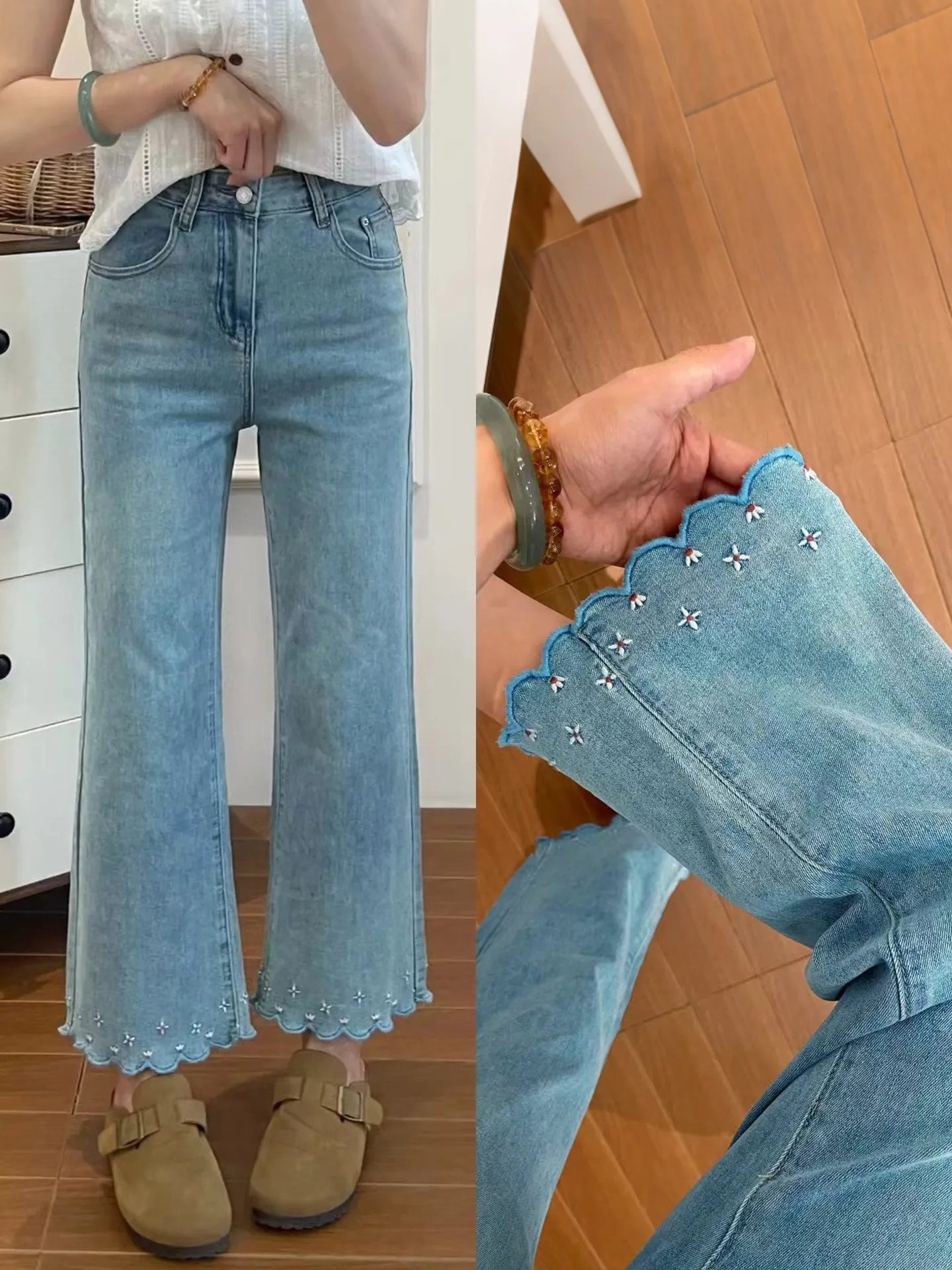 Women's Summer Thin Straight Leg Bell Bottom Jeans High Waist Cotton Denim Floral Embroidery Casual Trousers for plus Size
Women's Summer Thin Straight Leg Bell Bottom Jeans High Waist Cotton Denim Floral Embroidery Casual Trousers for plus Size