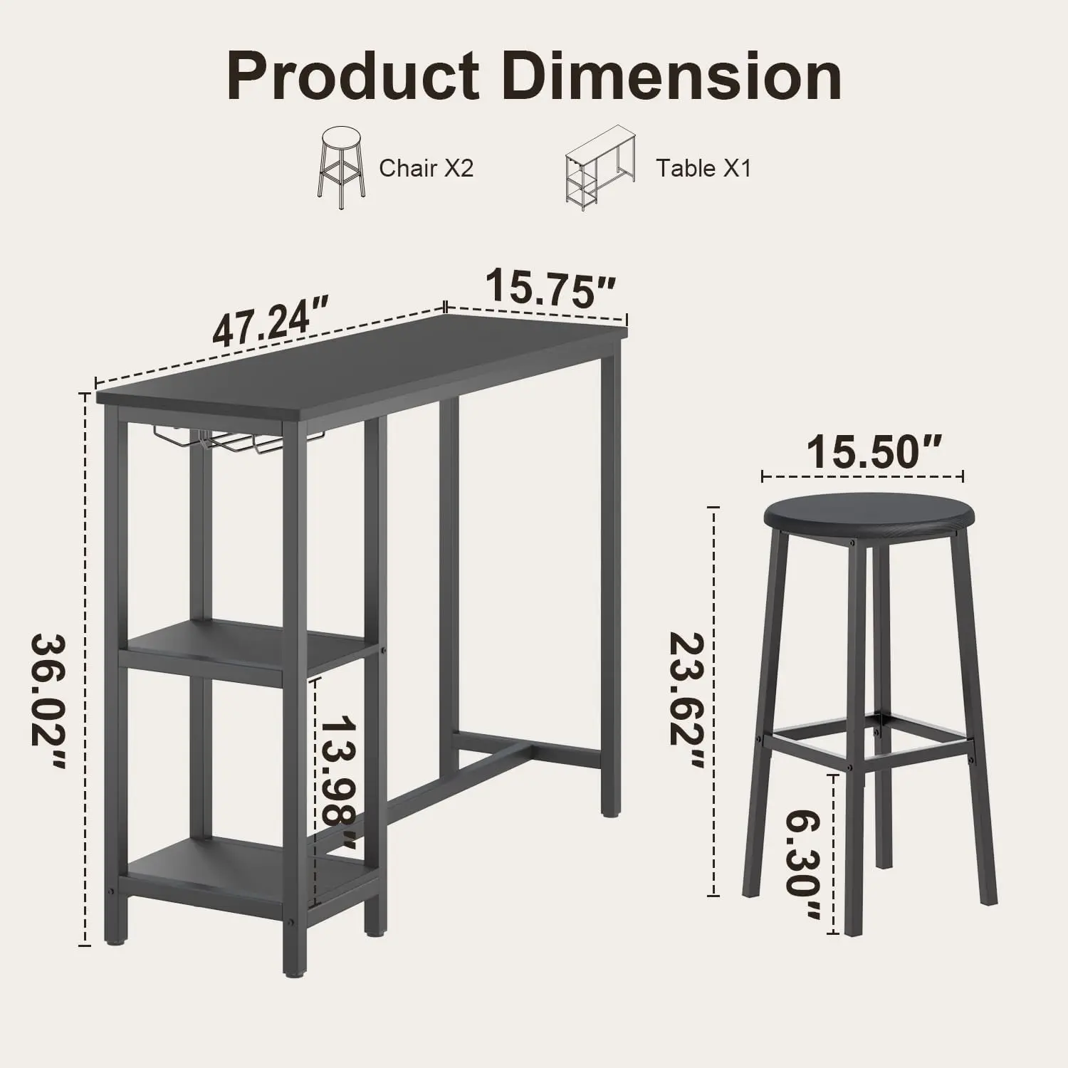 Bar Table Set for 2, Bar Table with Stools, Kitchen Table for 2 with 2 Storage Shelves & Wine Glass Holder, Dining Table, Black
Bar Table Set for 2, Bar Table with Stools, Kitchen Table for 2 with 2 Storage Shelves & Wine Glass Holder, Dining Table, Black