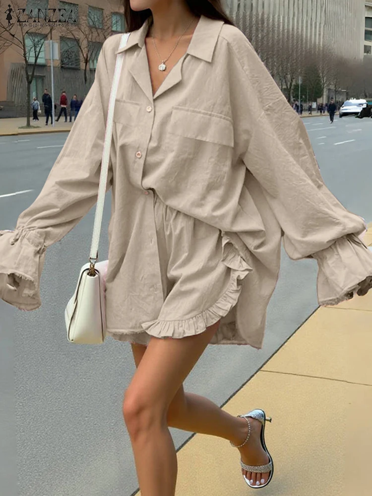 ZANZEA Women Short Suits Sets Casual Ruffled Long Sleeve Shirts With Loose Shorts 2025 Summer Outfits Elegant Office Work Sets
ZANZEA Women Short Suits Sets Casual Ruffled Long Sleeve Shirts With Loose Shorts 2025 Summer Outfits Elegant Office Work Sets