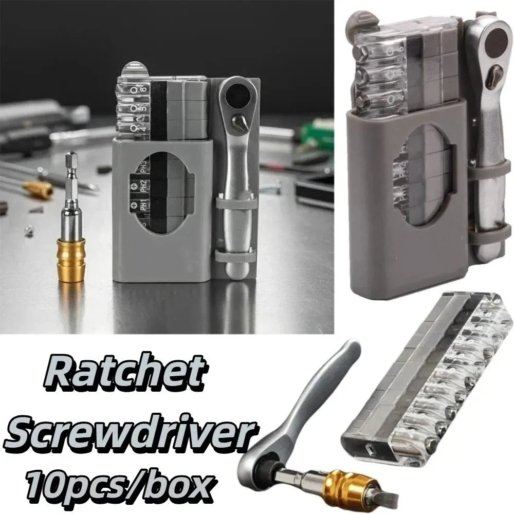 10pcs Phillips Bits 10 in 1 Ratchet Screwdriver Set Slotted Bits Hex Bits 90° Right Angle Ratchet Screwdriver
10pcs Phillips Bits 10 in 1 Ratchet Screwdriver Set Slotted Bits Hex Bits 90° Right Angle Ratchet Screwdriver