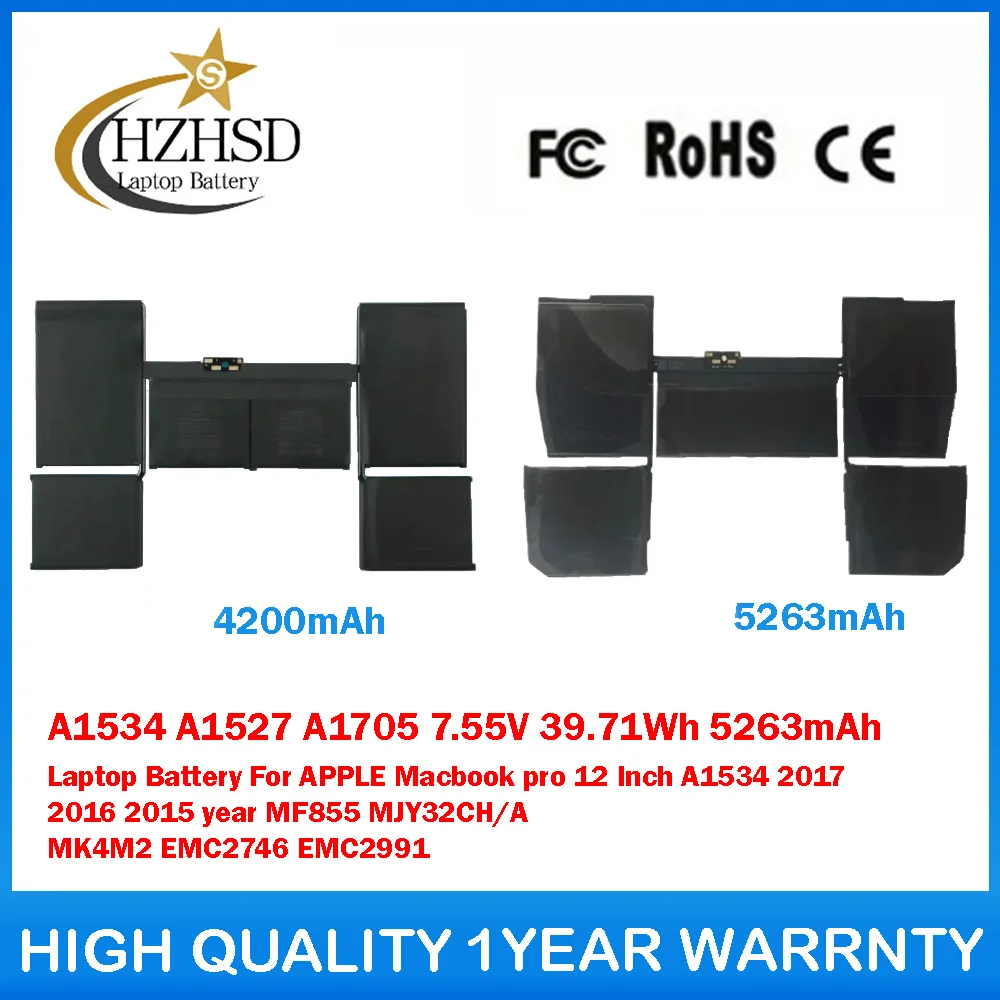 A1534 A1527 A1705 7.55V 39.71Wh 5263mAh Laptop Battery For APPLE Macbook pro 12 Inch A1534 2017 2016 2015 year MF855 MJY32CH/A
A1534 A1527 A1705 7.55V 39.71Wh 5263mAh Laptop Battery For APPLE Macbook pro 12 Inch A1534 2017 2016 2015 year MF855 MJY32CH/A