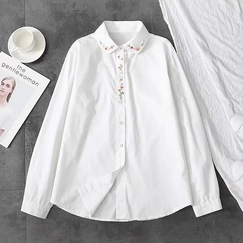 Women's White Floral Embroidered Button-Down Shirt, Long Sleeve Blouse with Delicate Flower Embroidery On Collar & Placket
Women's White Floral Embroidered Button-Down Shirt, Long Sleeve Blouse with Delicate Flower Embroidery On Collar & Placket
