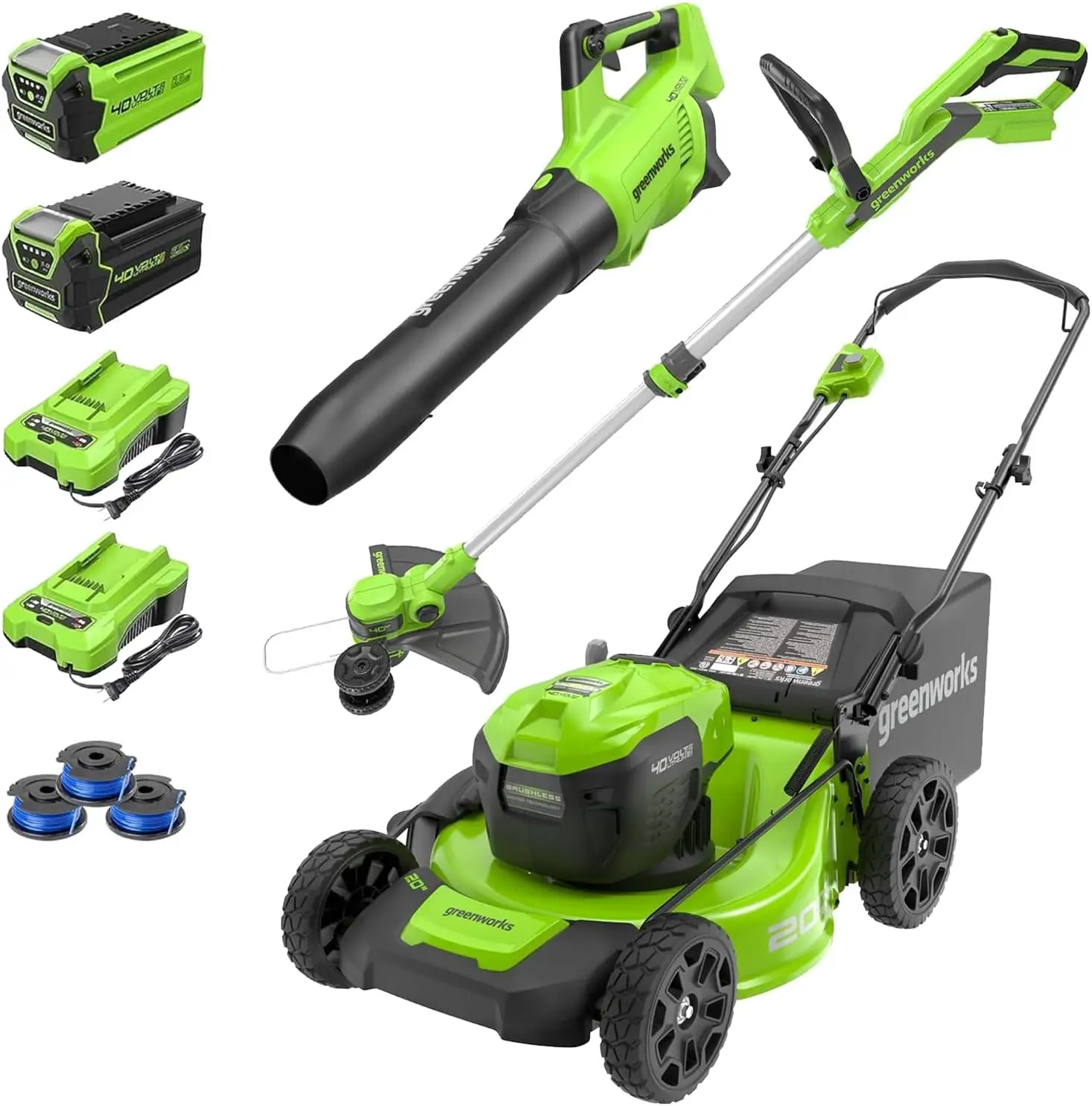 40V 20" Cordless Push Lawn Mower Bundle with Axial Leaf Blower(500 CFM / 120 MPH), 12" String Trimmer, 5Ah + 2Ah Batteries & Ch
40V 20" Cordless Push Lawn Mower Bundle with Axial Leaf Blower(500 CFM / 120 MPH), 12" String Trimmer, 5Ah + 2Ah Batteries & Ch