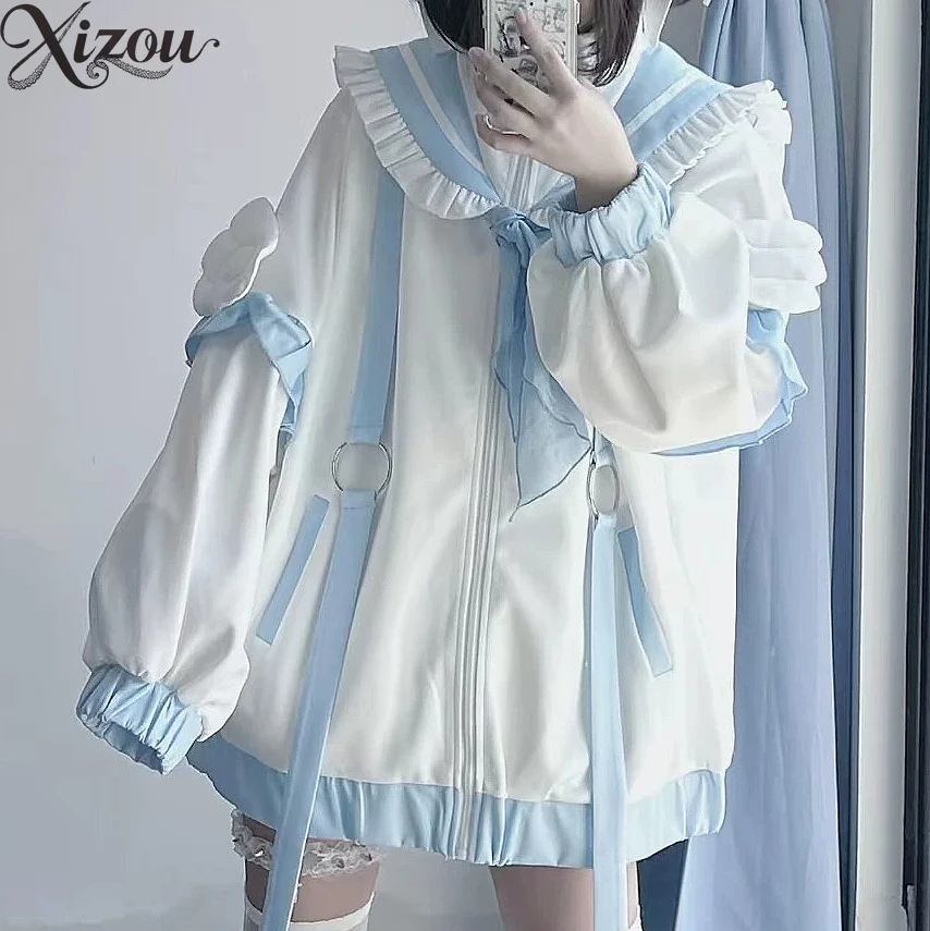 Women Hoodie Sailor Collar Jacket Blue White Ruffle Wing Zipper Loose Harajuku Y2K Kawaii Spring Autumn Coat Leg Warmer Hoodies
Women Hoodie Sailor Collar Jacket Blue White Ruffle Wing Zipper Loose Harajuku Y2K Kawaii Spring Autumn Coat Leg Warmer Hoodies