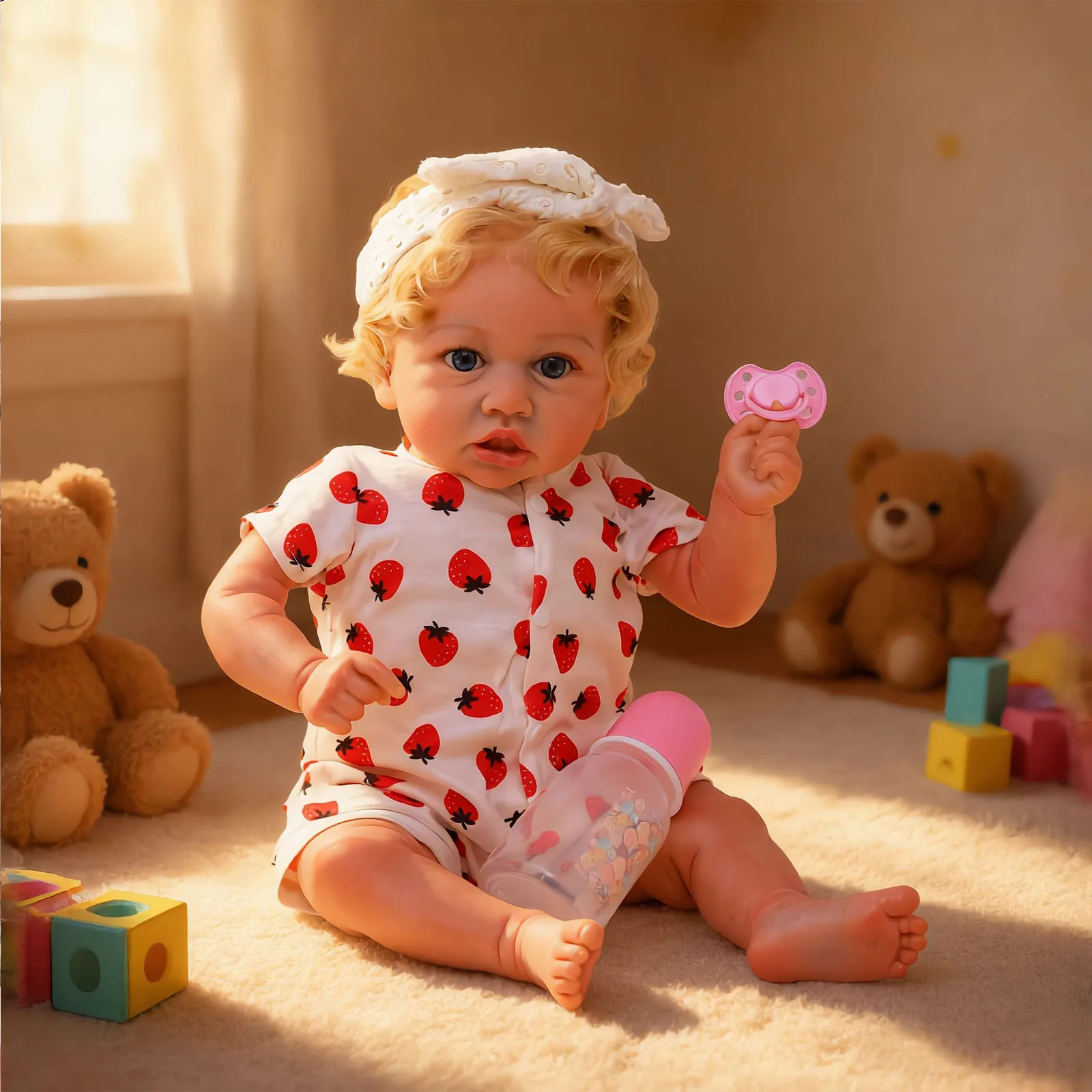 Reborn Baby Doll: Realistic baby girl with golden hair and open eyes, featuring a fabric body modelled on a real newborn. Comes with accessories. Suitable for children aged 3 and above.
Reborn Baby Doll: Realistic baby girl with golden hair and open eyes, featuring a fabric body modelled on a real newborn. Comes with accessories. Suitable for children aged 3 and above.
