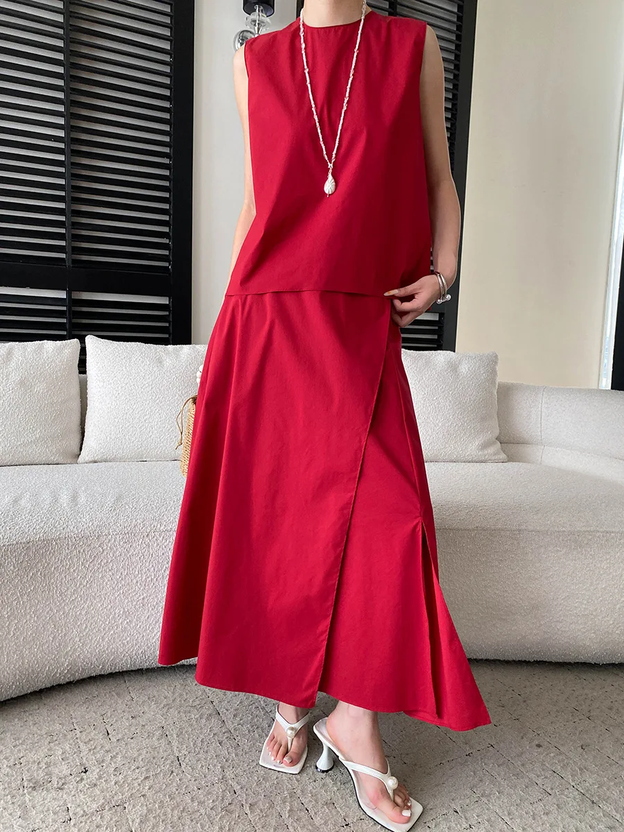 Spring and summer women's casual solid color irregular design round neck sleeveless vest shirt half skirt set
Spring and summer women's casual solid color irregular design round neck sleeveless vest shirt half skirt set
