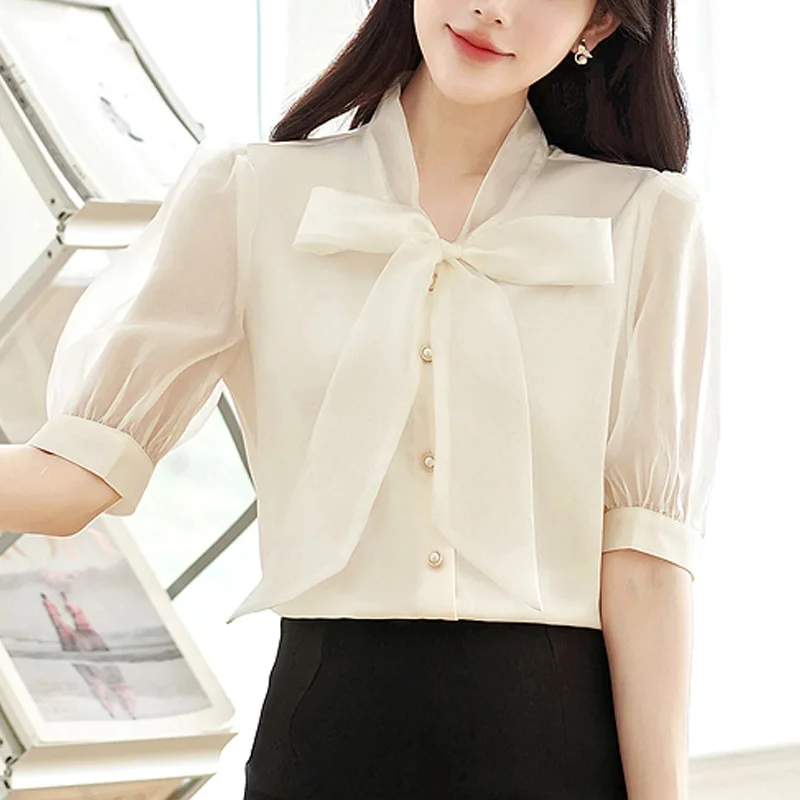 New Summer Office Lady Shirts Short Sleeve Bow Collar Women Shirt Apricot Chiffon Shirt Blouse Women Tops Camisas De Mujer N604
New Summer Office Lady Shirts Short Sleeve Bow Collar Women Shirt Apricot Chiffon Shirt Blouse Women Tops Camisas De Mujer N604
