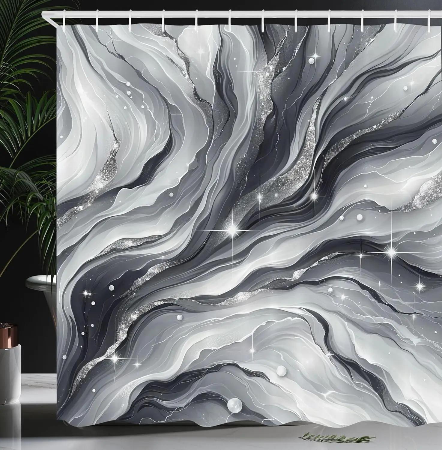 Серая занавеска для душа, монохромный дизайн, звездная атмосфера в космическом пространстве с завивающими облаками и полосками, тканевая ткань Ба 
Серая занавеска для душа, монохромный дизайн, звездная атмосфера в космическом пространстве с завивающими облаками и полосками, тканевая ткань Ба