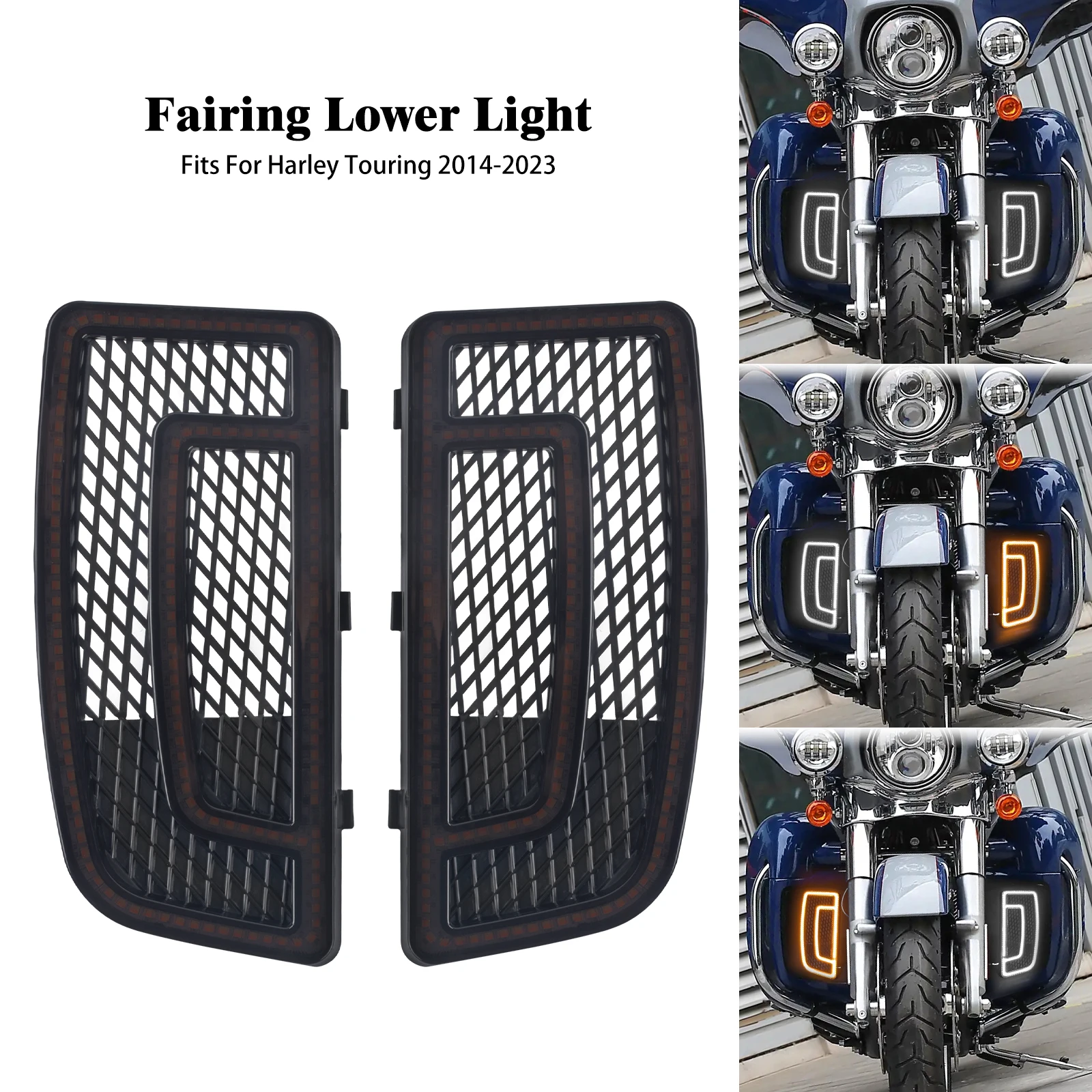 Motorcycle Fairing Lower LED Light Grills Turn Signal Running Lamp For Harley Touring Electra Street Glide Road King 2014-2023
Motorcycle Fairing Lower LED Light Grills Turn Signal Running Lamp For Harley Touring Electra Street Glide Road King 2014-2023