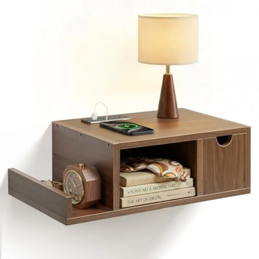 Floating Nightstand with Charging Station Wall-Mounted Walnut Wood Bedside Table with Drawer and Shelf Modern Narrow Hanging En
Floating Nightstand with Charging Station Wall-Mounted Walnut Wood Bedside Table with Drawer and Shelf Modern Narrow Hanging En