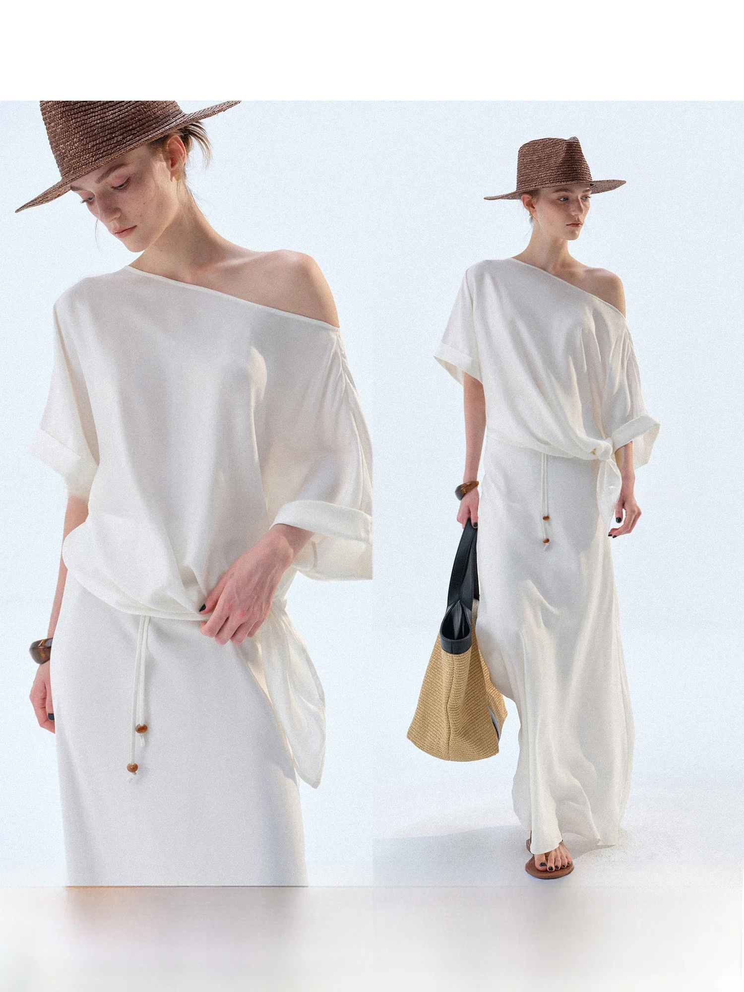 Fashionable Asymmetric Shoulder Copper Ammonia Silk Set Casual Loose Fit Short Sleeve T-Shirt And A-Line Skirt Summer Ou...
Fashionable Asymmetric Shoulder Copper Ammonia Silk Set Casual Loose Fit Short Sleeve T-Shirt And A-Line Skirt Summer Ou...