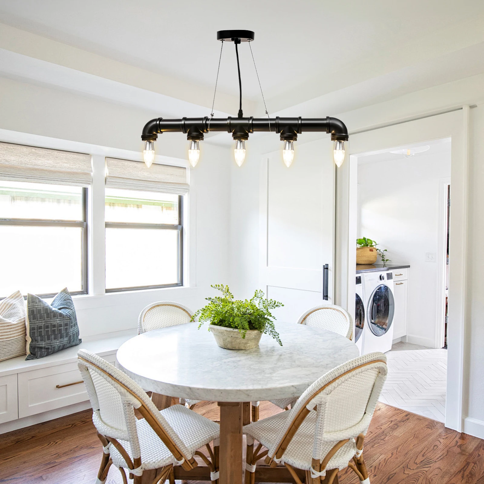 Industrial Pendant Light Fixture with 5 E26 Sockets, Adjustable Hanging Wire, Iron Frame, Ideal for Kitchen, Dining, Bar, and Ca
Industrial Pendant Light Fixture with 5 E26 Sockets, Adjustable Hanging Wire, Iron Frame, Ideal for Kitchen, Dining, Bar, and Ca