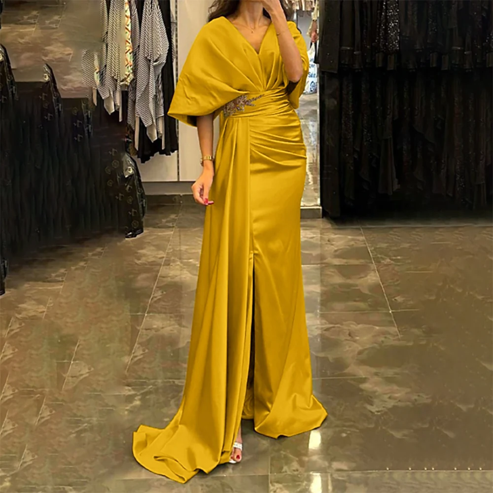 Gold Long Evening Dresses Applique Side Split Pleated Prom Dress V Neck Half Sleeve Backless Formal Occasion Gowns Saudi Arabic
Gold Long Evening Dresses Applique Side Split Pleated Prom Dress V Neck Half Sleeve Backless Formal Occasion Gowns Saudi Arabic