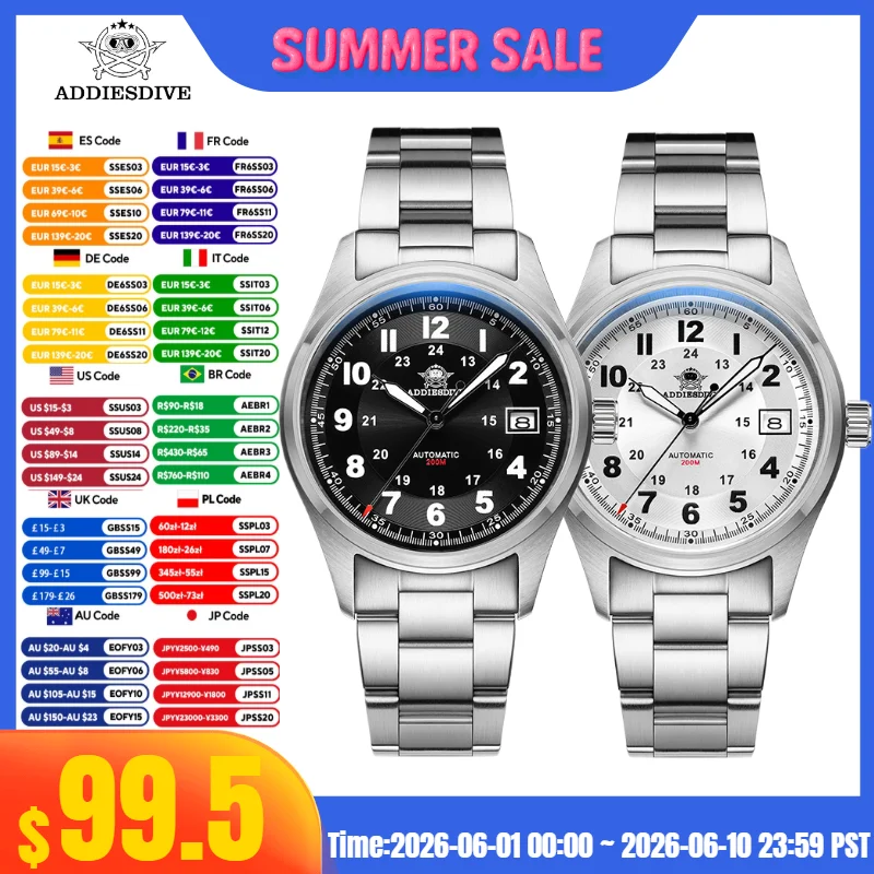 ADDIESDIVE Men's Watch AD2048 Leather Strap Sapphire Crystal 20Bar Diving BGW9 Super Luminous Automatic Mechanical Watches
ADDIESDIVE Men's Watch AD2048 Leather Strap Sapphire Crystal 20Bar Diving BGW9 Super Luminous Automatic Mechanical Watches