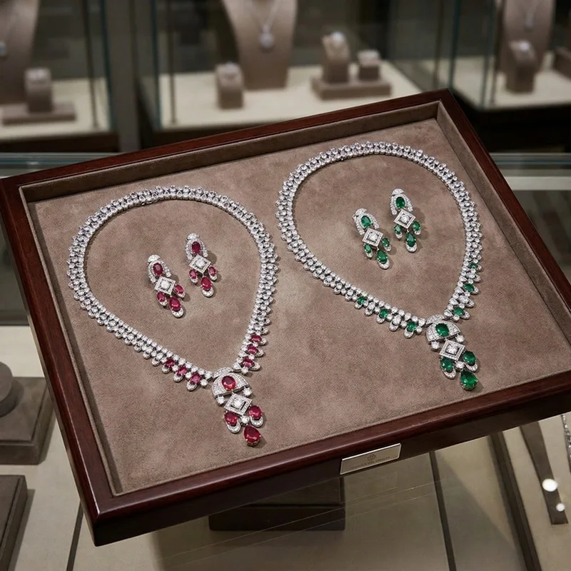 Europe America Style Necklace Earrings Women Lady Inlay Cubic Zircon Synthetic Ruby Emerald Tassels Pendant Party Jewelry Sets
Europe America Style Necklace Earrings Women Lady Inlay Cubic Zircon Synthetic Ruby Emerald Tassels Pendant Party Jewelry Sets
