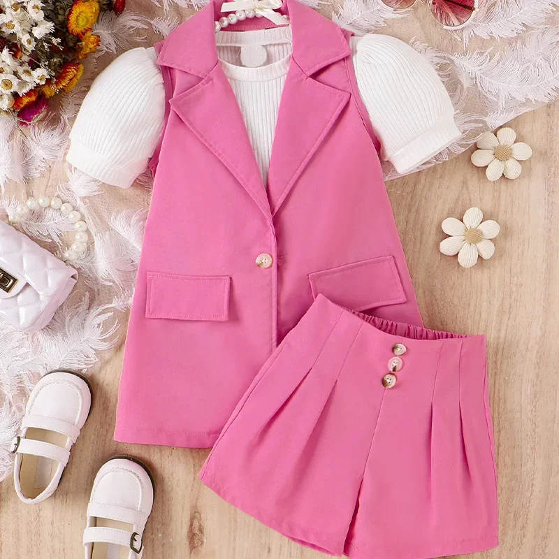 Fashion Kids Baby Girls Clothes Short Sleeved+Shorts+Lapel Suit Jacket Vest Candy Color Outfits Summer Korean Children Clothing
Fashion Kids Baby Girls Clothes Short Sleeved+Shorts+Lapel Suit Jacket Vest Candy Color Outfits Summer Korean Children Clothing