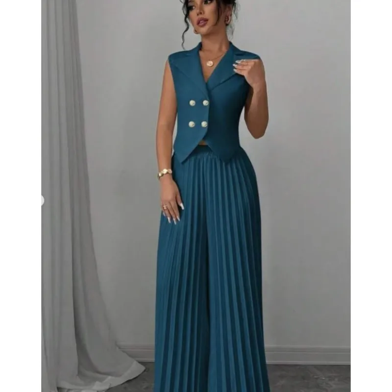 Summer Elegant 2 Piece Sets Women Outfits Fashion V-neck Sleeveless Double-breasted Vest Top Pleated Wide-leg Pant Set For Women
Summer Elegant 2 Piece Sets Women Outfits Fashion V-neck Sleeveless Double-breasted Vest Top Pleated Wide-leg Pant Set For Women