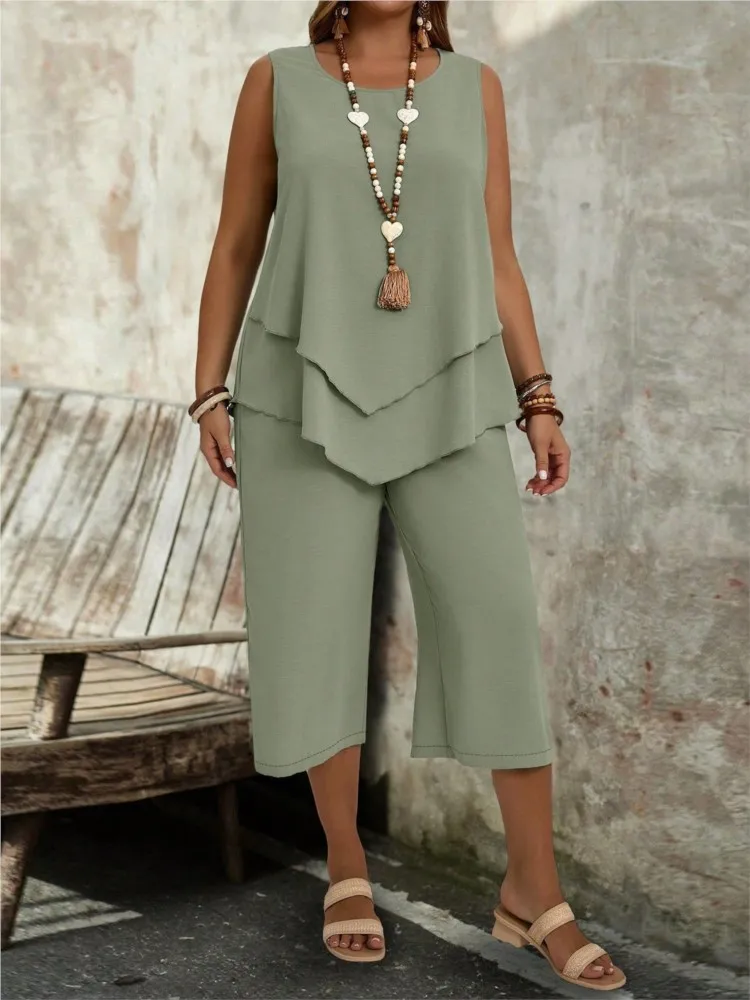 Plus Size Lady 2-piece Sleeveless Ruffled Short-sleeved Top Wide-leg Pants Set Loose Home Wear Casual Commuting Two-pieces Set
Plus Size Lady 2-piece Sleeveless Ruffled Short-sleeved Top Wide-leg Pants Set Loose Home Wear Casual Commuting Two-pieces Set