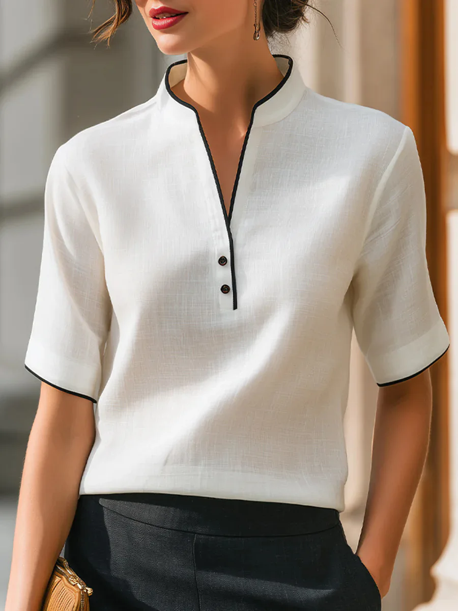 Women's Top Summer New French Elegant Casual Style Color Blocked Border Design V-Neck Button Decoration Short Sleeved Top
Women's Top Summer New French Elegant Casual Style Color Blocked Border Design V-Neck Button Decoration Short Sleeved Top