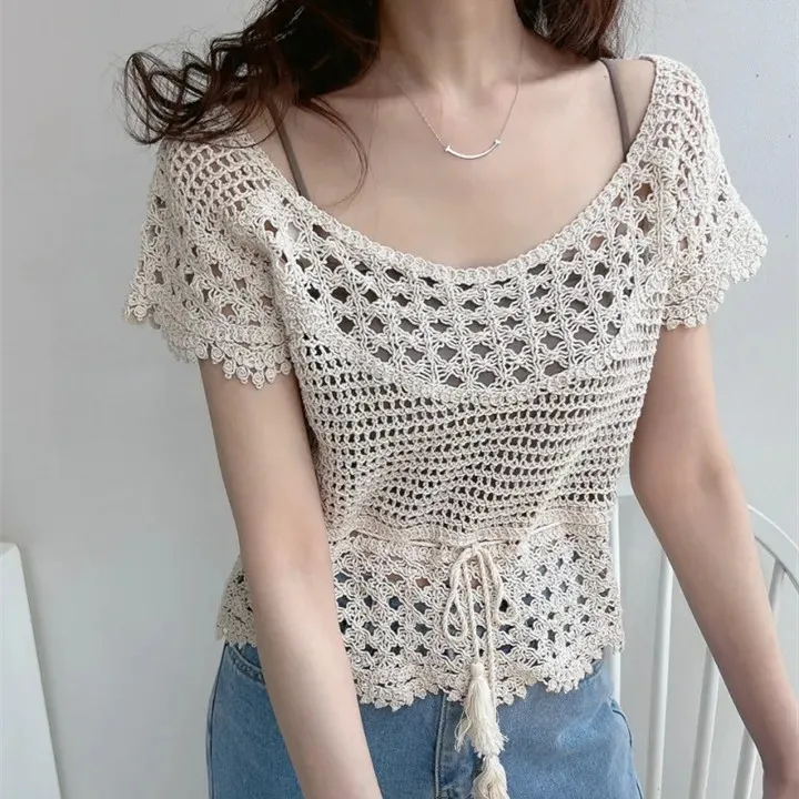 Summer Crochet Tops with Drawstring Waist Fly Sleeves Hollow-out Knit Crop Top Lace Blouse Women Boho Vacation Beach Cover Up
Summer Crochet Tops with Drawstring Waist Fly Sleeves Hollow-out Knit Crop Top Lace Blouse Women Boho Vacation Beach Cover Up
