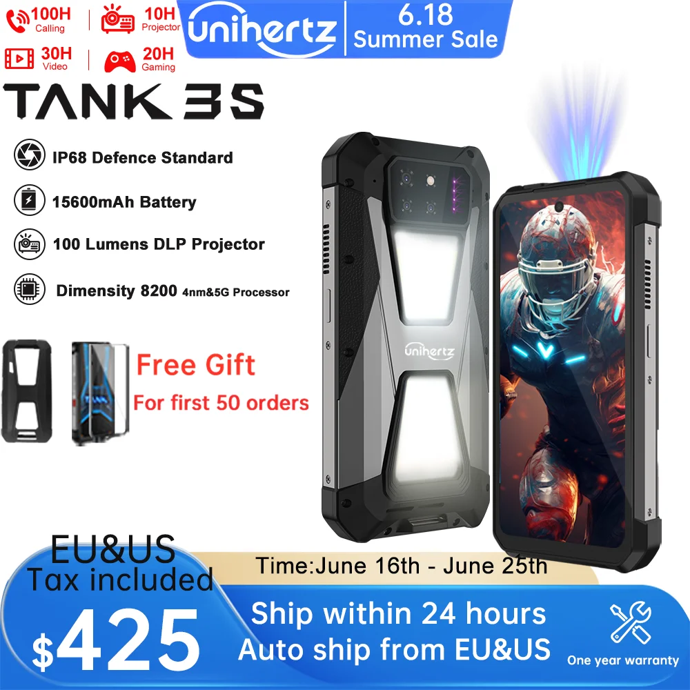 Unihertz Tank 3s 8849 Smartphone with Projector Dimension 8200, 24 + 256GB, 32 + 512GB Cellphone, 15600mAh, NFC WiFi 6 Phone
Unihertz Tank 3s 8849 Smartphone with Projector Dimension 8200, 24 + 256GB, 32 + 512GB Cellphone, 15600mAh, NFC WiFi 6 Phone