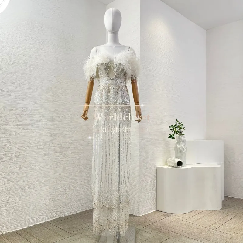 white beading,sequined lace patchwork feather off the shoulder floor length long maxi dress 2025
white beading,sequined lace patchwork feather off the shoulder floor length long maxi dress 2025