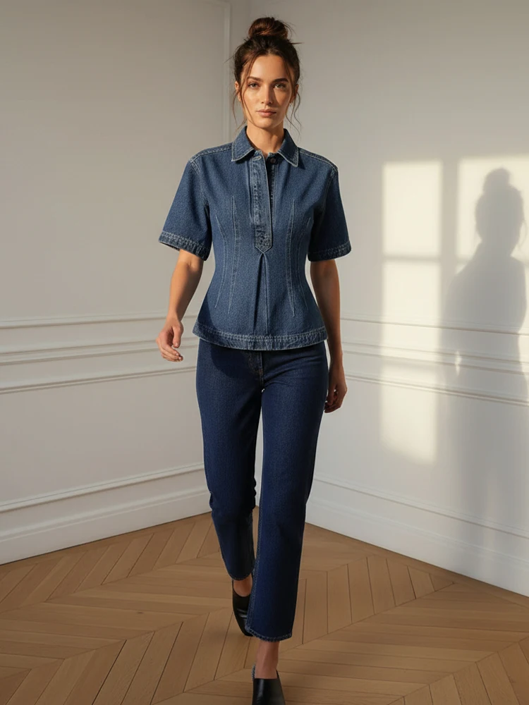 Ретро-синяя джинсовая рубашка с завышенной талией для женщин, повседневная, с отложным воротником, на одной пуговице, приталенная, А-силуэт, топы, летние уличные рубашки для отпуска 2026
Ретро-синяя джинсовая рубашка с завышенной талией для женщин, повседневная, с отложным воротником, на одной пуговице, приталенная, А-силуэт, топы, летние уличные рубашки для отпуска 2026