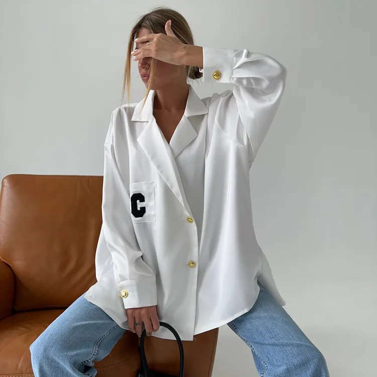 Letter Embroidery Satin Shirt Women Summer Fashion Lapel Single Breasted Loose Shirts Blouses Casual Elegant Shirt Tops 2025
Letter Embroidery Satin Shirt Women Summer Fashion Lapel Single Breasted Loose Shirts Blouses Casual Elegant Shirt Tops 2025
