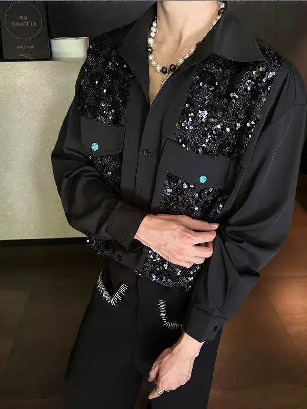 Men's Long Sve irt Faion Urban Outfit Stand Fit Sequin Turquoise Patchwork Performance Nightclub Outerwear Jaet
Men's Long Sve irt Faion Urban Outfit Stand Fit Sequin Turquoise Patchwork Performance Nightclub Outerwear Jaet