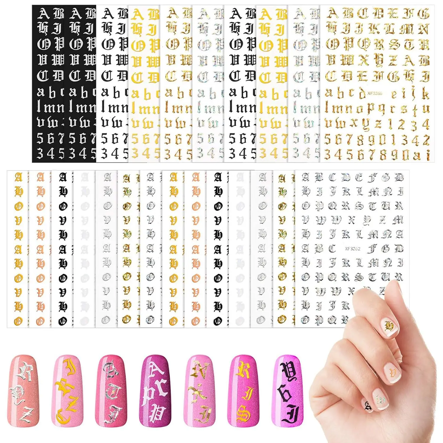 24 Sheets Old English Letter Nail Stickers - 3D Holographic Self-Adhesive Alphabet Decals for Nail Art, Gold Black White Retro Cursive Design Manicure Accessories
24 Sheets Old English Letter Nail Stickers - 3D Holographic Self-Adhesive Alphabet Decals for Nail Art, Gold Black White Retro Cursive Design Manicure Accessories