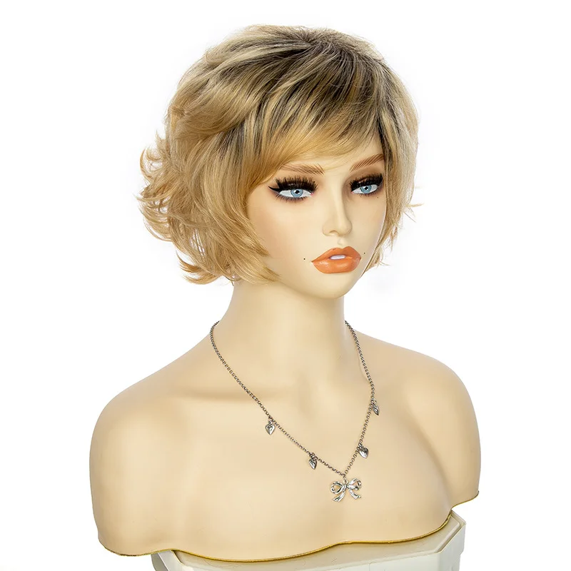 Natural gold short wave synthetic wig with female bangs, used for daily life wig, fluffy hair made of mixed high-temperature gol
Natural gold short wave synthetic wig with female bangs, used for daily life wig, fluffy hair made of mixed high-temperature gol
