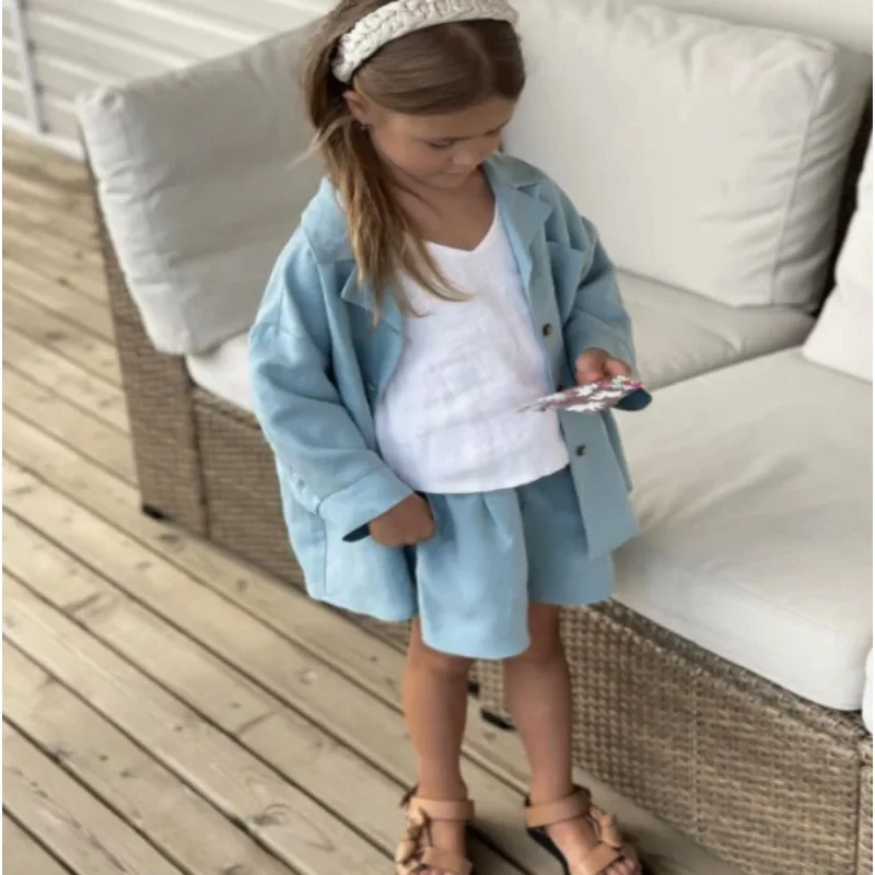 blue Set 2026 new Children Spring Summer Cotton Solid color Coat A Lace-up Corset Elastic Waist Shorts Fashion Casual
blue Set 2026 new Children Spring Summer Cotton Solid color Coat A Lace-up Corset Elastic Waist Shorts Fashion Casual