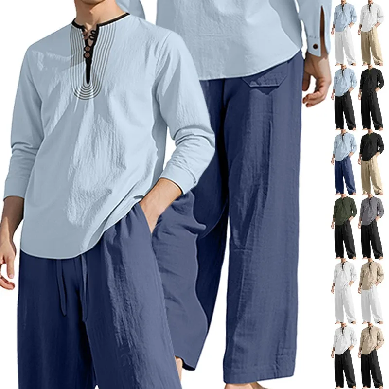 Summer Linen Breathable Long Sleeved Pullover Shirt Sets for Men Retro Solid Color Collarless Casual Shirts Loose Straight Pants
Summer Linen Breathable Long Sleeved Pullover Shirt Sets for Men Retro Solid Color Collarless Casual Shirts Loose Straight Pants