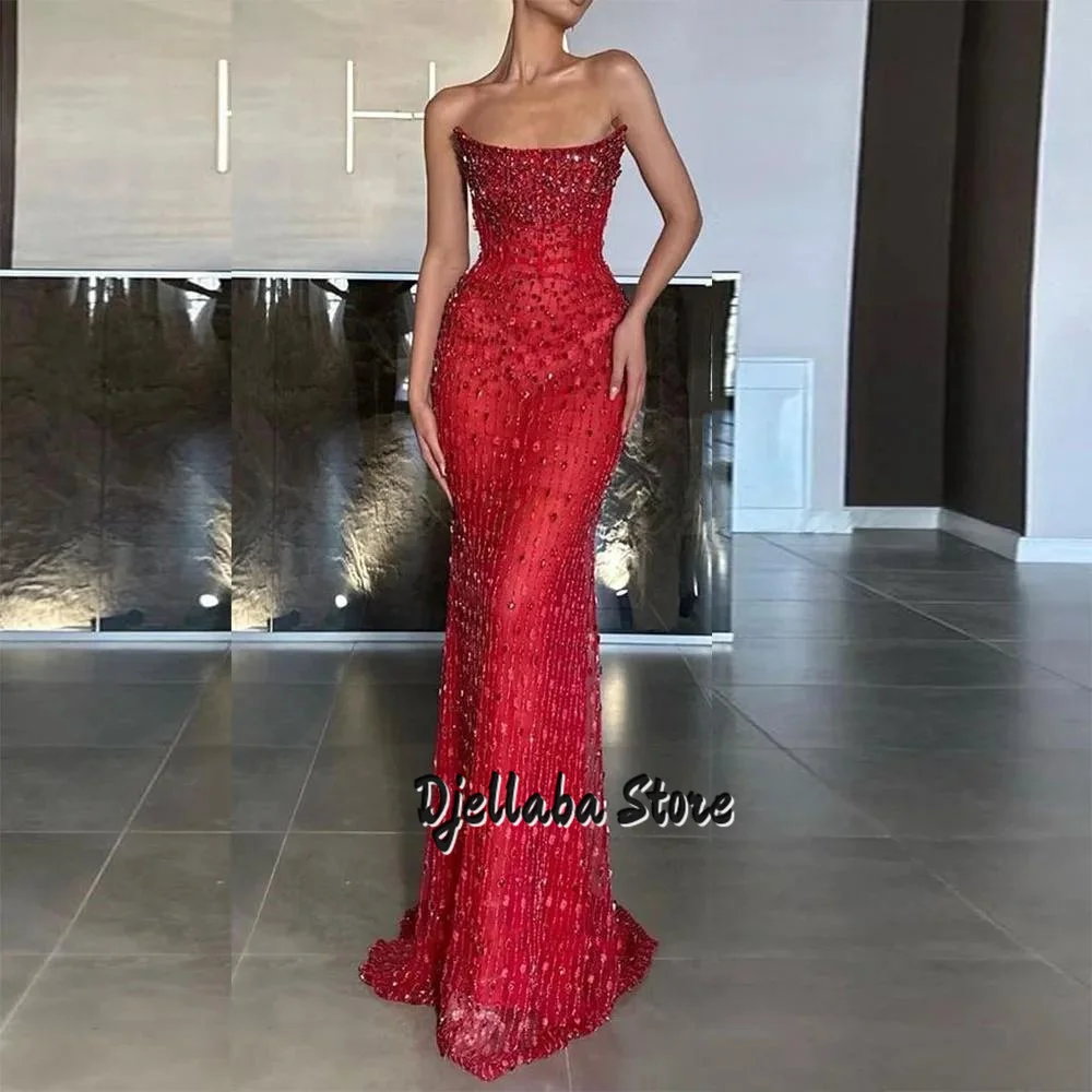 Red Beaded Lace Evening Dresses Strapless Mermaid Prom Gown With Pleating Shiny Sequins Formal Party Dress For Woman Customized
Red Beaded Lace Evening Dresses Strapless Mermaid Prom Gown With Pleating Shiny Sequins Formal Party Dress For Woman Customized