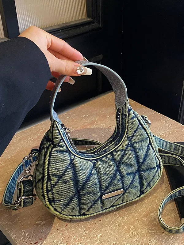 Women Quilted Denim Handbag, Mini Top Handle Crossbody Purse with Detachable Adjustable Strap & Metal Logo Plate
Women Quilted Denim Handbag, Mini Top Handle Crossbody Purse with Detachable Adjustable Strap & Metal Logo Plate