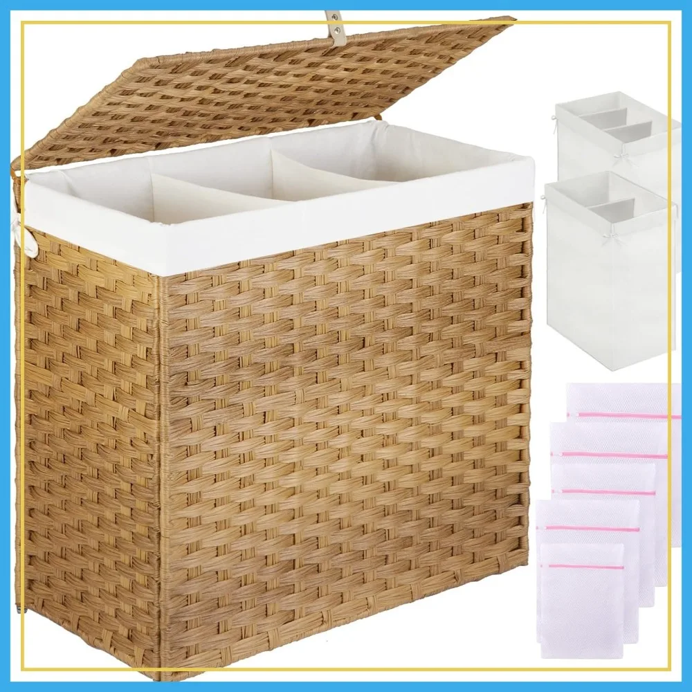 125L Large Laundry Hamper with Lid, 3 Section & 2 Section Removable Bags, 5 Mesh Laundry Bags, Handwoven Divided Basket, Natural
125L Large Laundry Hamper with Lid, 3 Section & 2 Section Removable Bags, 5 Mesh Laundry Bags, Handwoven Divided Basket, Natural