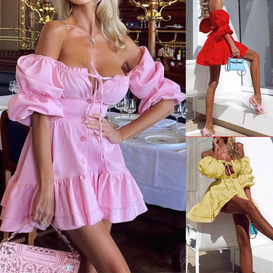 【New Arrival】Pink Off-the-Shoulder Mini Dress, Puff Sleeve with Lace-Up Front and Ruffle Hem
【New Arrival】Pink Off-the-Shoulder Mini Dress, Puff Sleeve with Lace-Up Front and Ruffle Hem