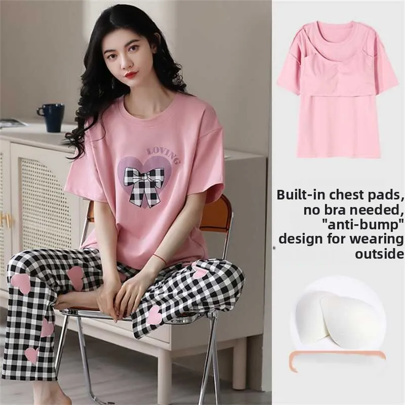 Ladies Summer Sleepwear with Chest Pad Short Sleeve No Bra Home Clothes Outdoor Wearable Set Cute Cartoon Loose Fit Milk Silk
Ladies Summer Sleepwear with Chest Pad Short Sleeve No Bra Home Clothes Outdoor Wearable Set Cute Cartoon Loose Fit Milk Silk