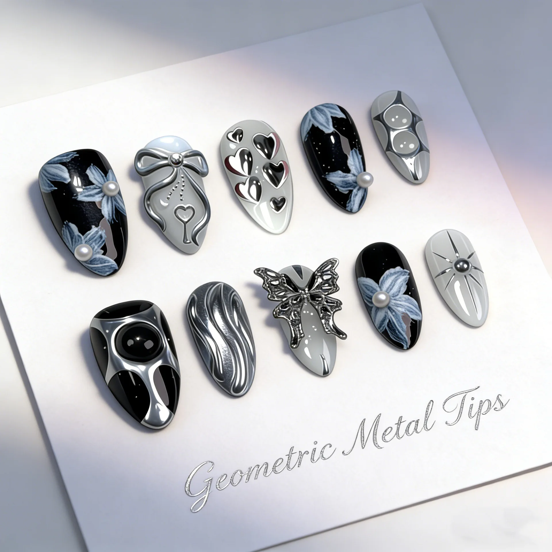 24pcs Metal Decor Almond Nails Sets Press on 3D Butterfly Love Design False Nails Tip with Flower Pearl Stick on Black Fake Nail
24pcs Metal Decor Almond Nails Sets Press on 3D Butterfly Love Design False Nails Tip with Flower Pearl Stick on Black Fake Nail