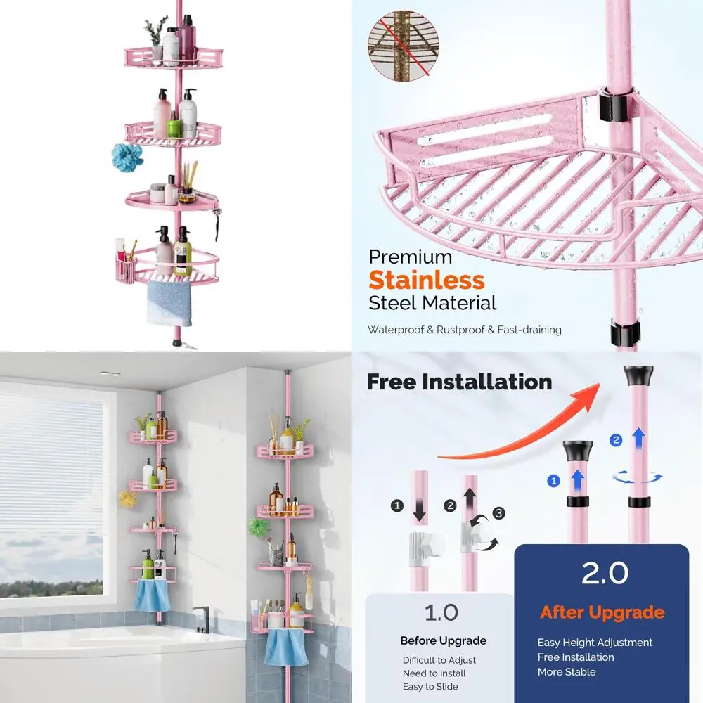 Adjustable 4-Tier Tension Pole Shower Caddy, Rustproof Bathroom Organizer, 47-121 inch, Pink
Adjustable 4-Tier Tension Pole Shower Caddy, Rustproof Bathroom Organizer, 47-121 inch, Pink