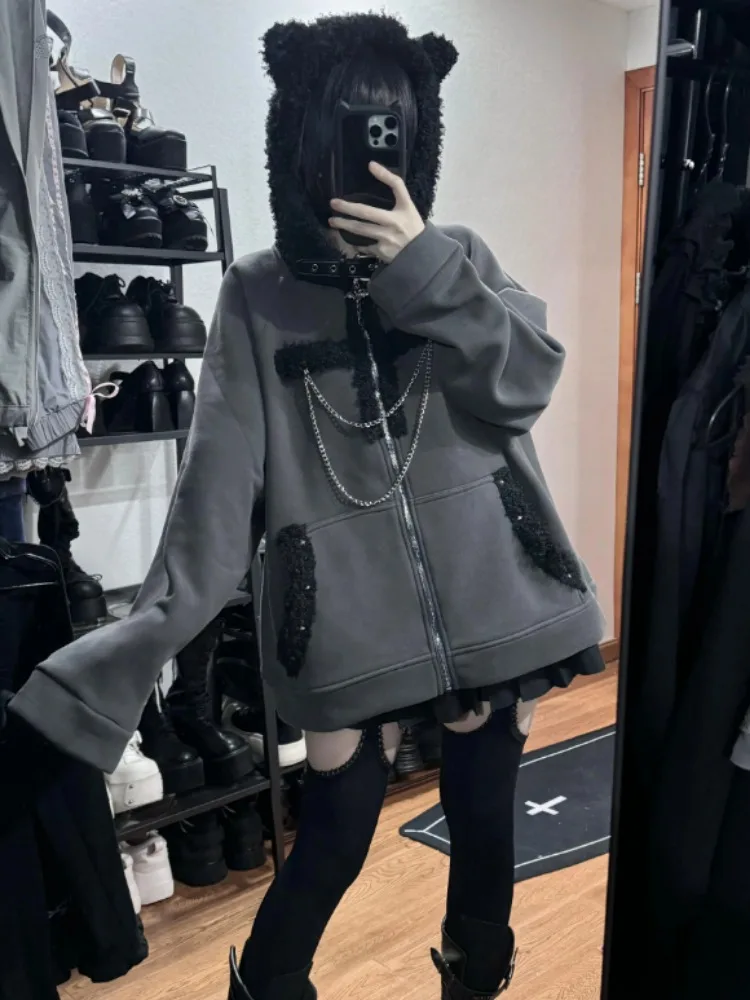 Japanese Kawaii Y2k Aesthetic Women Chain Hoodies Coat Gothic Cat Ears Patchwork Grunge Hoody Harajuku Vintage Zip Sweatshirts
Japanese Kawaii Y2k Aesthetic Women Chain Hoodies Coat Gothic Cat Ears Patchwork Grunge Hoody Harajuku Vintage Zip Sweatshirts