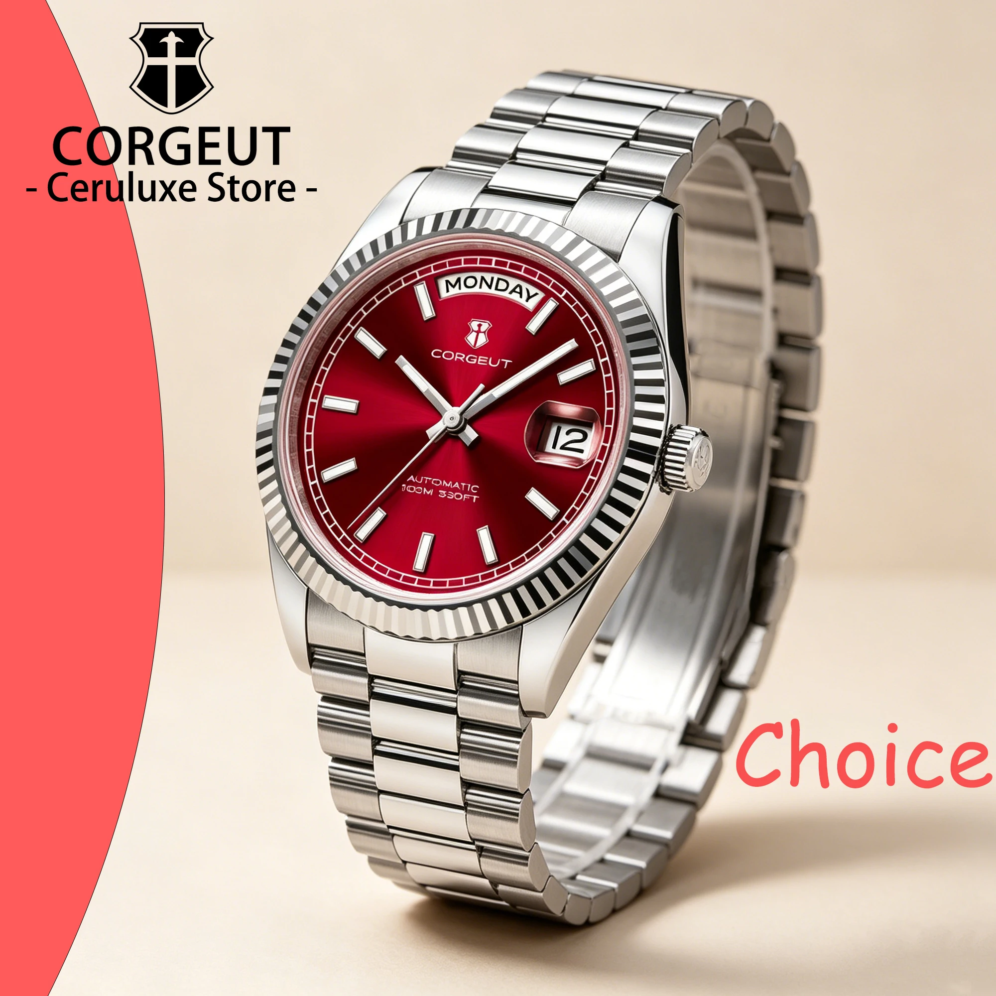 CORGEUT NH36 Mechanical Men's Watch Date of the Week Show President Chain Strap Steel Case Watch Threaded Arc Bezel Waterp
CORGEUT NH36 Mechanical Men's Watch Date of the Week Show President Chain Strap Steel Case Watch Threaded Arc Bezel Waterp