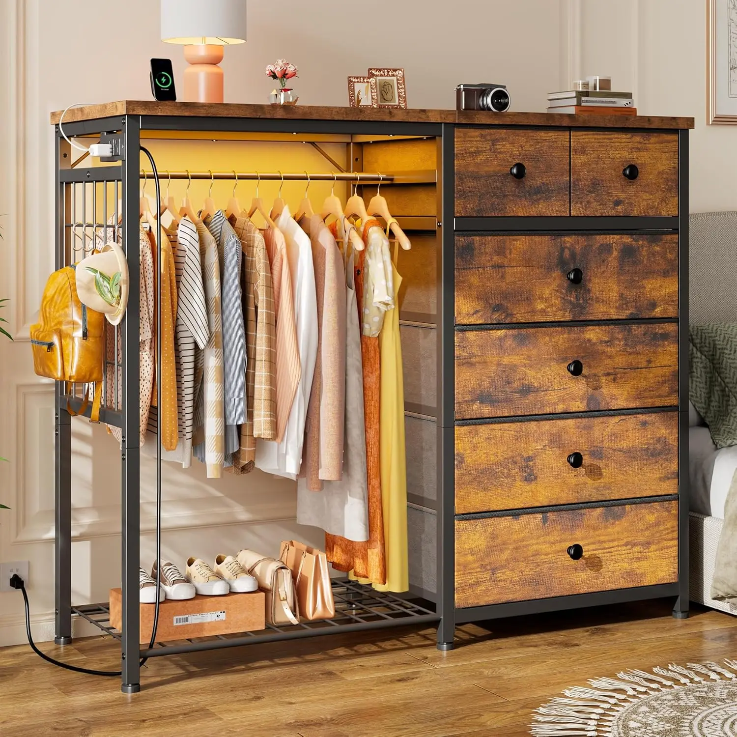 49.2" W Dresser with Hanging Rack & 6 Fabric Drawers – Wooden Top Organize Unit Featuring LED Lights, Charging Station
49.2" W Dresser with Hanging Rack & 6 Fabric Drawers – Wooden Top Organize Unit Featuring LED Lights, Charging Station