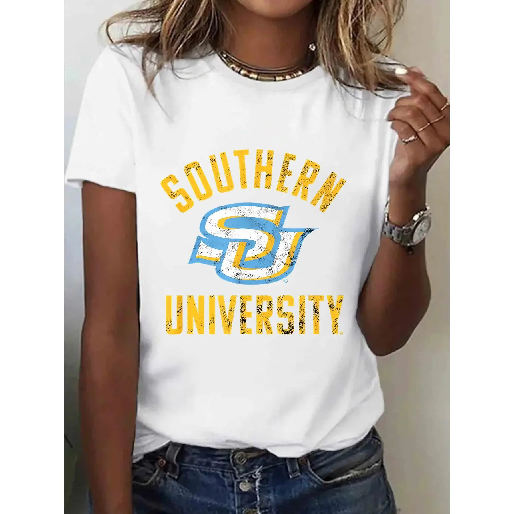 1pc, 100%, College Printed T-Shirt, Spring And Summer Round Neck Short Sleeved Women'S T-Shirt, Pure Breathable Casual Sports
1pc, 100%, College Printed T-Shirt, Spring And Summer Round Neck Short Sleeved Women'S T-Shirt, Pure Breathable Casual Sports