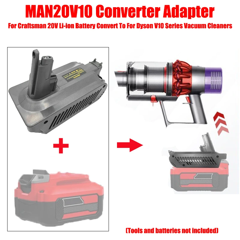 Адаптер для литиевой батареи Craftsman 20V MAN20V10, совместимый с беспроводными пылесосами Dyson серии V10 для уборки шерсти животных
Адаптер для литиевой батареи Craftsman 20V MAN20V10, совместимый с беспроводными пылесосами Dyson серии V10 для уборки шерсти животных
