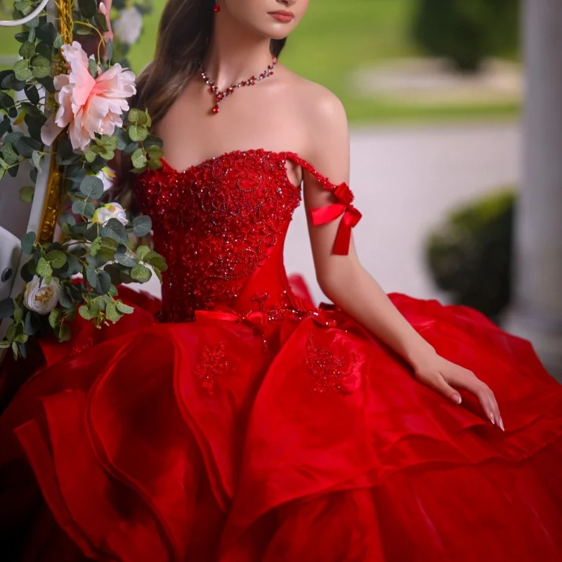 Red Quinceanera Dresses Off the Shoulder Glitter Lace Layering Decal Lace Long tail Bow Vestido e 15 Quinceanera Customize
Red Quinceanera Dresses Off the Shoulder Glitter Lace Layering Decal Lace Long tail Bow Vestido e 15 Quinceanera Customize