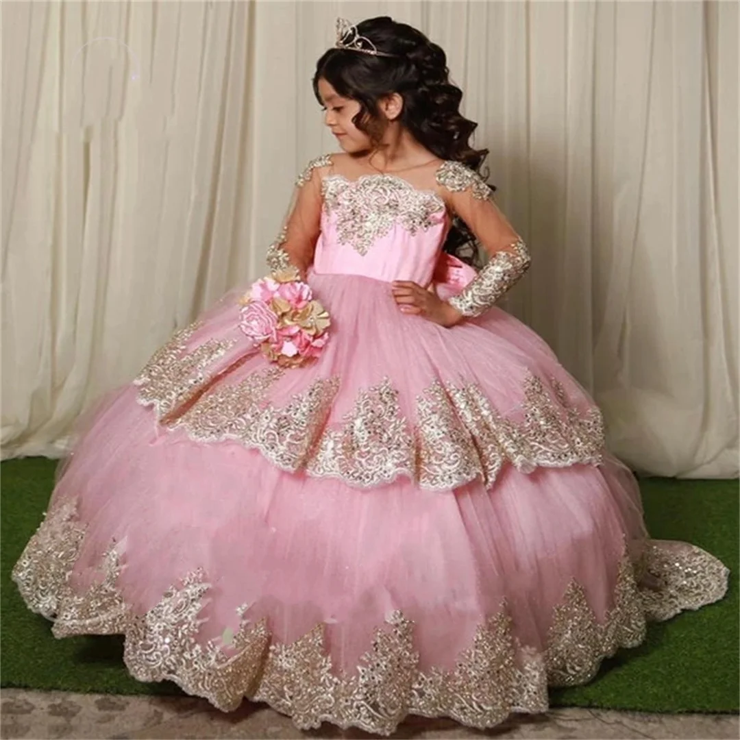 Pink Flower Girl Dresses For Wedding Gold Applique Full Sleeves Ball Gowns First Communion Kids Birthday Party Dresses
Pink Flower Girl Dresses For Wedding Gold Applique Full Sleeves Ball Gowns First Communion Kids Birthday Party Dresses