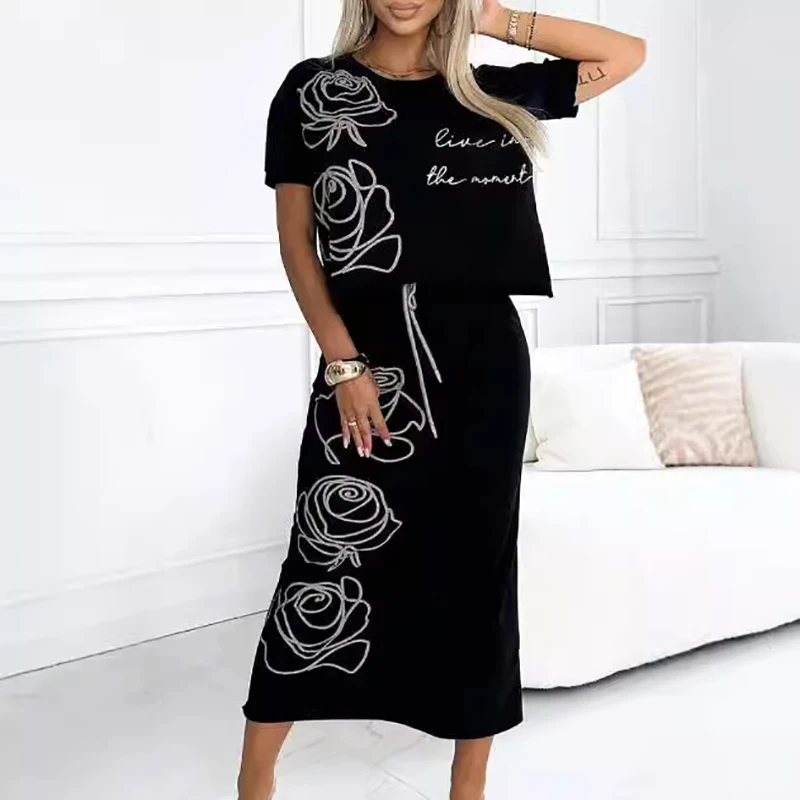 Fashion Printed Women's Skirt Suits Korean Simple Solid Color Round Collar Short Slevess T-shirt Drawstring Skirt Two Piece Set
Fashion Printed Women's Skirt Suits Korean Simple Solid Color Round Collar Short Slevess T-shirt Drawstring Skirt Two Piece Set