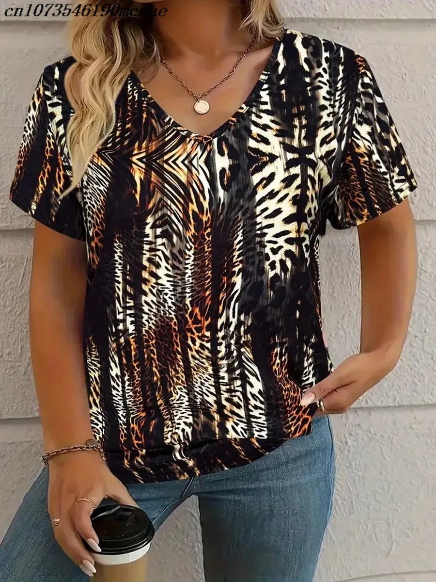 Women's Summer Casual Elegant V-Neck Short Sleeve Irregular Leopard Print Loose Fit Men's T-Shirt
Women's Summer Casual Elegant V-Neck Short Sleeve Irregular Leopard Print Loose Fit Men's T-Shirt