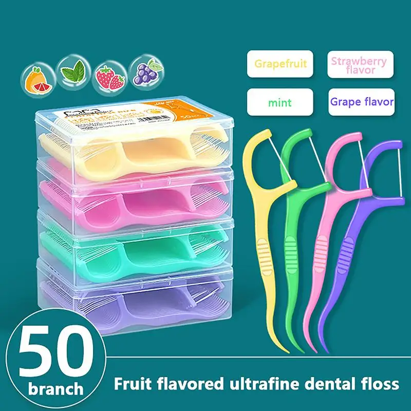 50 Sticks/Box Fruit Flavored Dental Floss Stick, With 4 Flavors To Choose From, Cleaning Tool For Gaps Between Teeth
50 Sticks/Box Fruit Flavored Dental Floss Stick, With 4 Flavors To Choose From, Cleaning Tool For Gaps Between Teeth